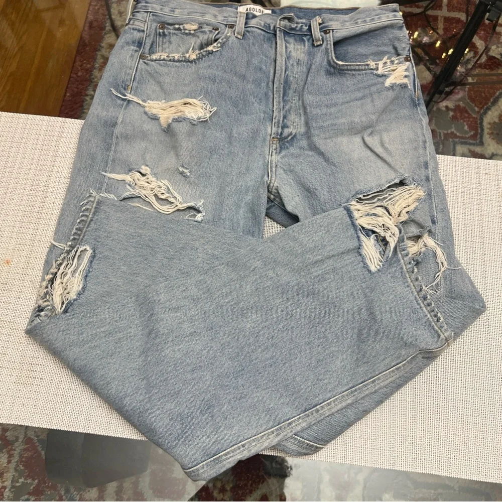Agolde Women's High Rise Distressed Light Blue Jeans